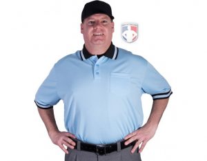 Pro knit powder blue umpire shirt with black collar